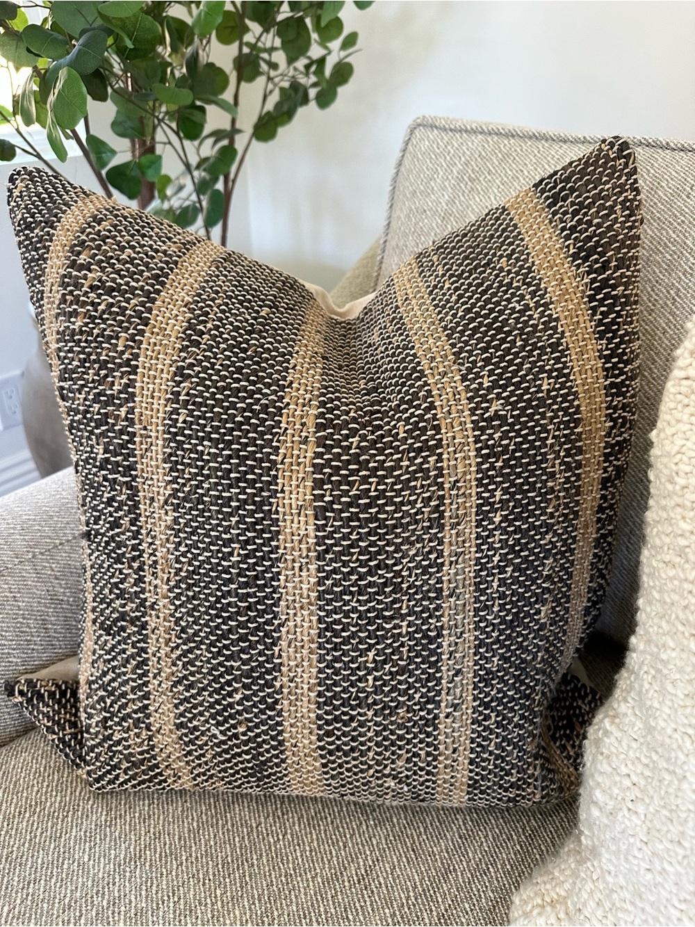 Black and Natural Jute Striped Accent Pillow Cover Set
